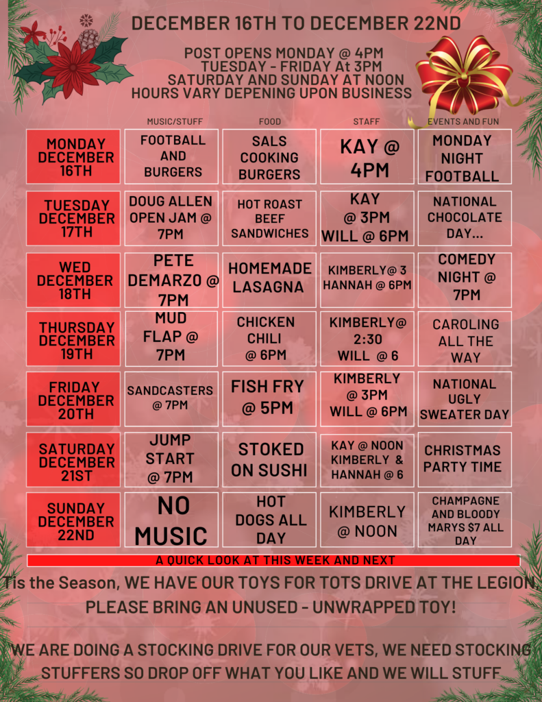 Calander for December 16th to December 22nd